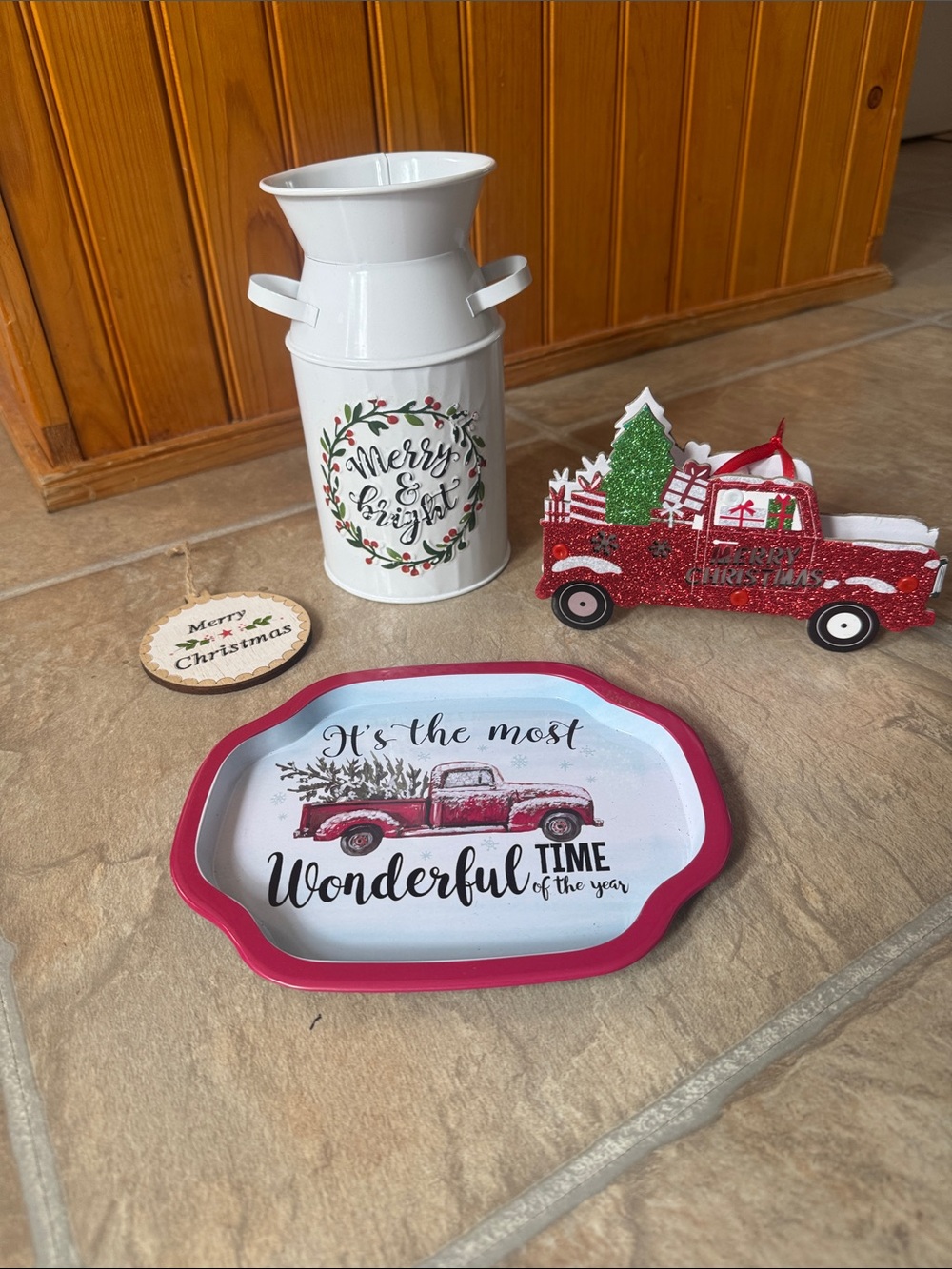 Merry & Bright Milk Jug, Mini Holiday Tray & 2 Christmas Ornaments